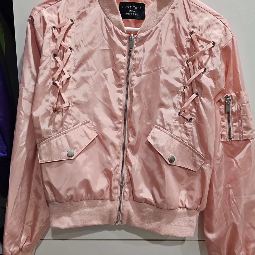 Love Tree Pink Bomber Jacket with Lace-Up Detail